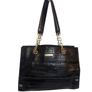 ANNE KLEIN Croc-Embossed Shoulder Bag with Gold (Tone) Metal Chain Details BLK